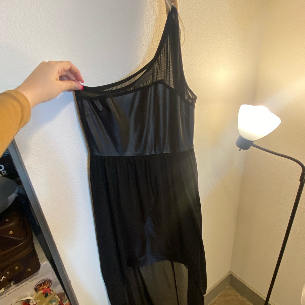 Black leather hi low dress